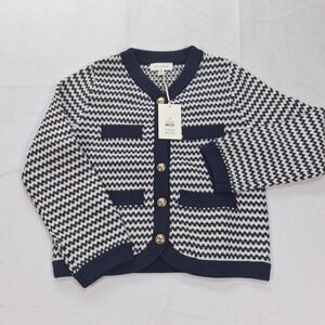 Free Assembly Cardigan Women XS Welt Pocket Darkest Navy Stripe Gold Button NEW